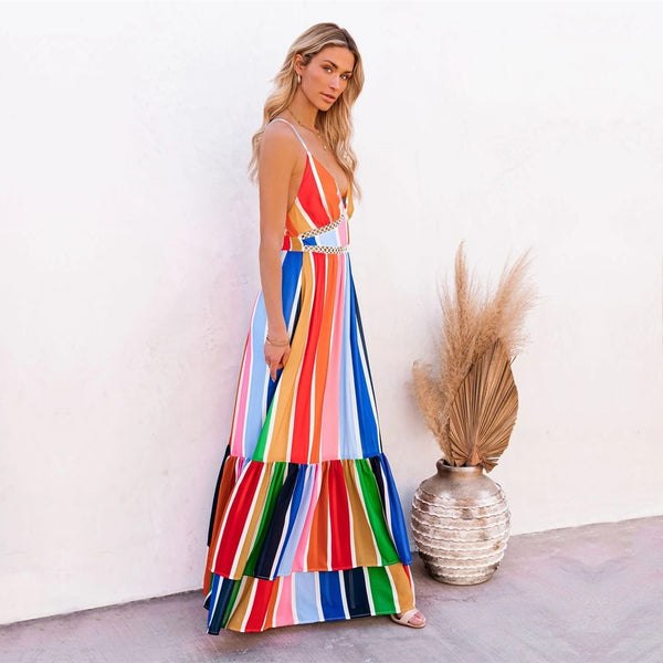 Women's Spaghetti Strap Multicolored Striped Tiered Maxi Dress