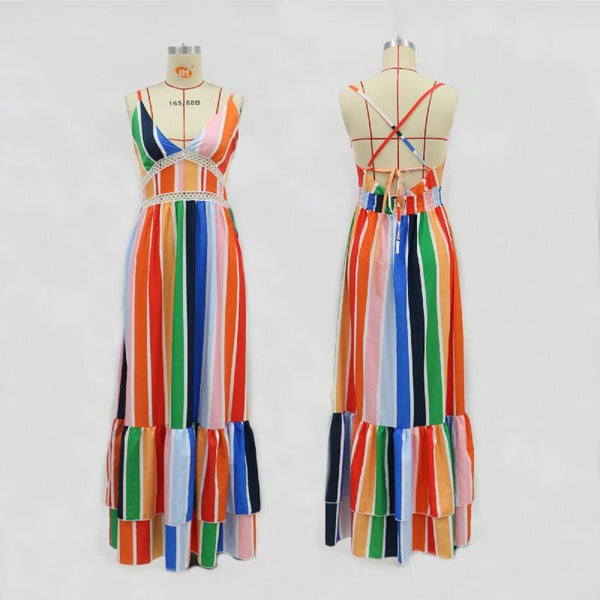 Women's Spaghetti Strap Multicolored Striped Tiered Maxi Dress