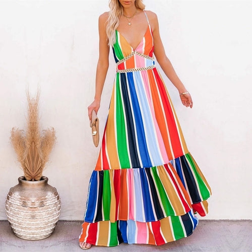 Women's Spaghetti Strap Multicolored Striped Tiered Maxi Dress