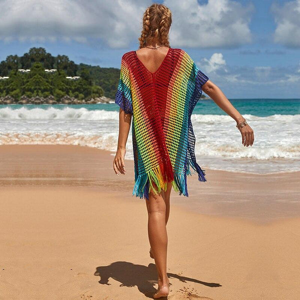 Women's Bohemian Rainbow Striped Crochet Cover-Up