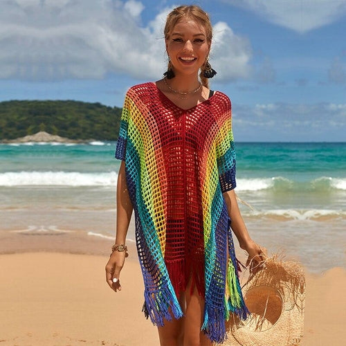 Women's Bohemian Rainbow Striped Crochet Cover-Up