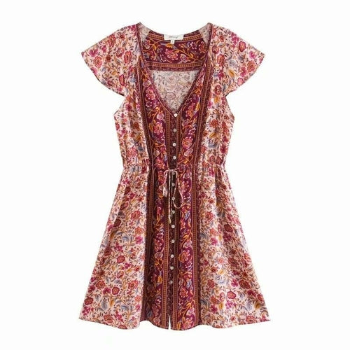 Women's Bohemian V-Neck Floral Print Short Sleeve Mini Dress