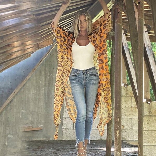 Leopard Print Chiffon Kimono Cover-Up