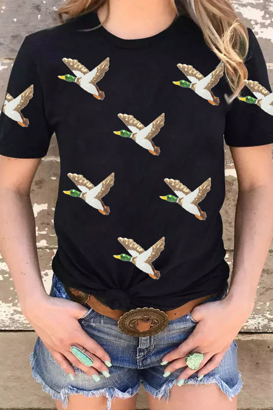 Black Sequin Mallard Duck Graphic T-Shirt