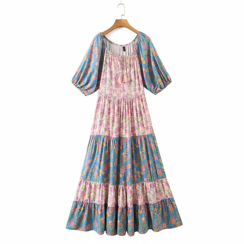 Women's Bohemian Tassel V-Neck Tiered Short Sleeve Maxi Dress- Pastel
