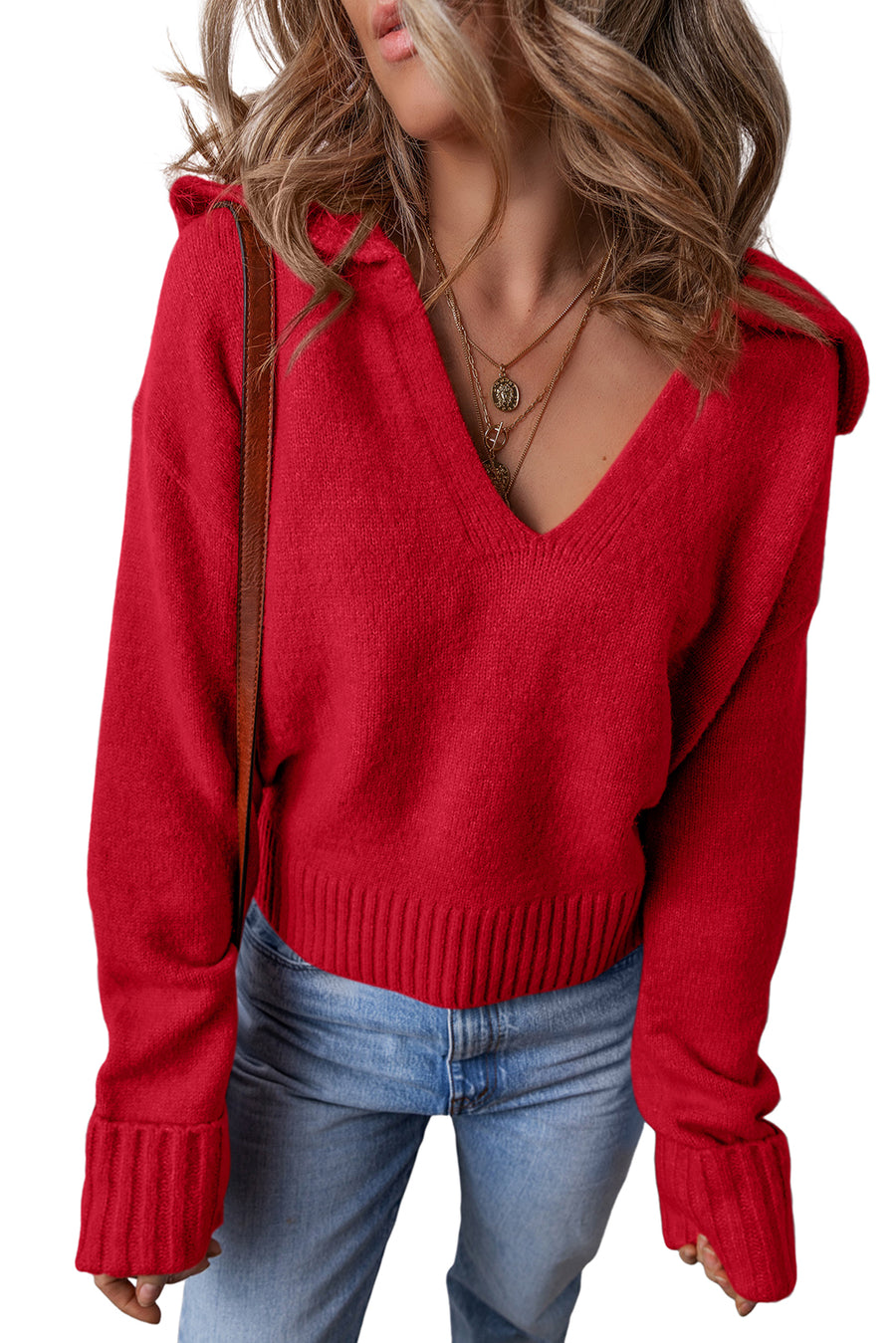 Red Ribbed Edge Sailor Collar V-Neck Loose Fit Sweater