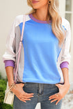 Blue Multi Color Block Patchwork Crew Neck Pullover Sweatshirt
