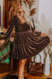 Chicory Coffee Velvet V-Neck Long Sleeve Tiered Mini Dress
