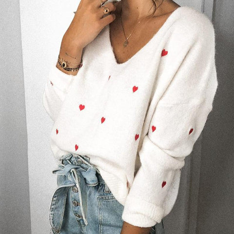 Women's V-Neck Heart Sweater- 2 Colors