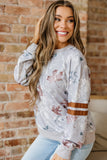 Gray Maple Leaf Camouflage Print Varsity Striped Sleeve Casual Sweatshirt