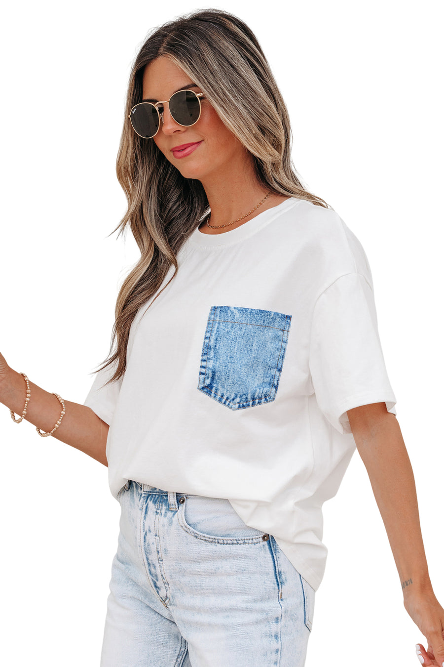 Printed Denim Chest Pocket Graphic T-Shirt- 2 Colors
