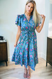 Blue Floral Flutter Sleeve Tie Neck Belted Midi Dress