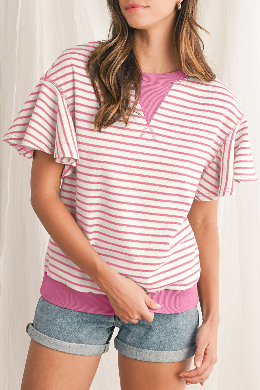 Striped Ruffle Sleeve Crew Neck T-Shirt- 3 Colors