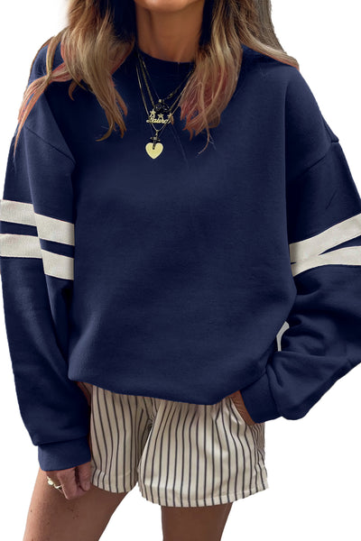 Navy Blue Preppy Striped Sleeve Loose Sweatshirt