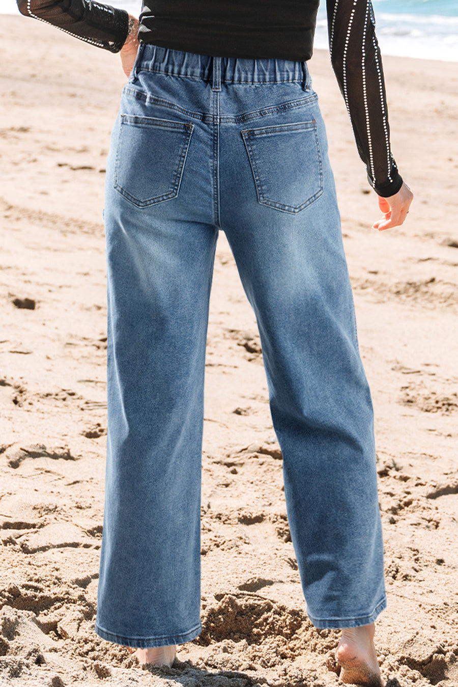 Stone Blue Star Patchwork Light Wash Wide Leg High-Waist Jeans