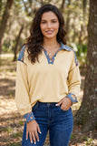 Apricot Floral Patchwork Detail Collar V Neck Long Sleeve Top