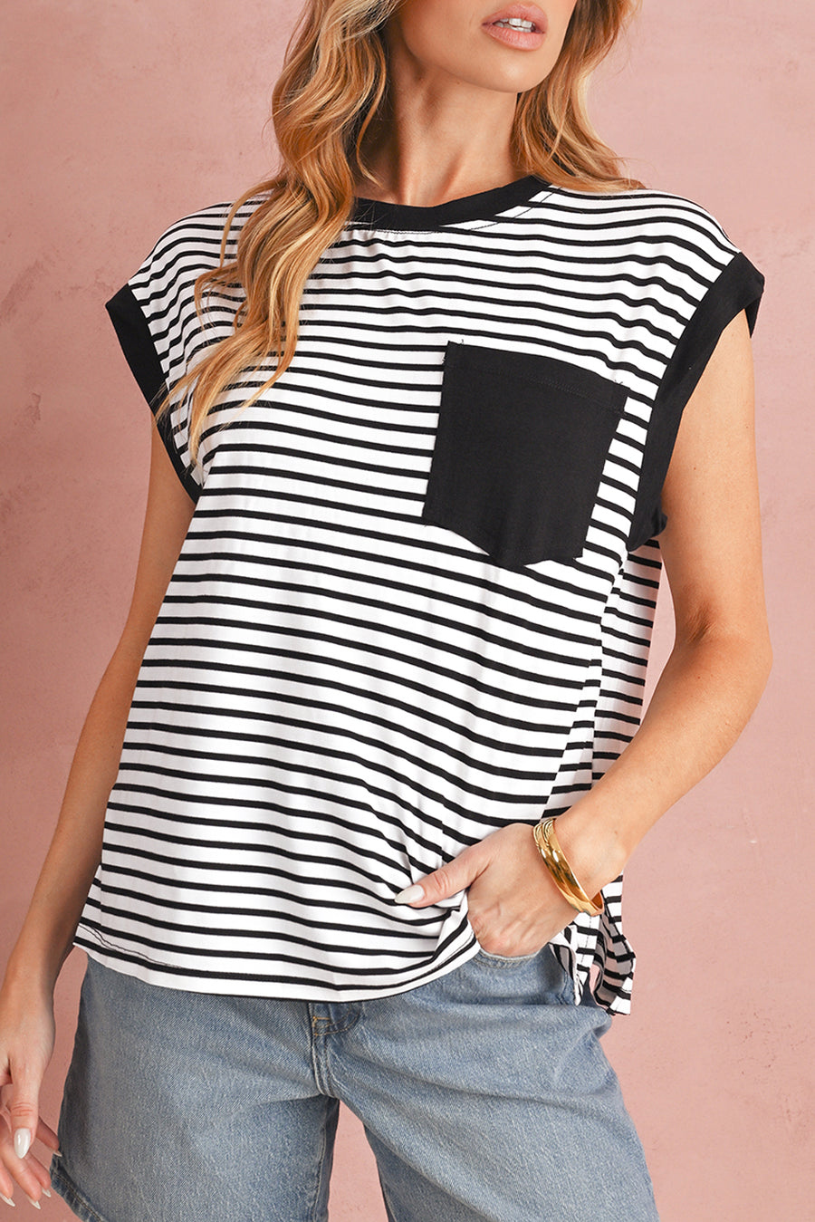 Striped Chest Pocket Crew Neck Muscle Tee- 2 Colors