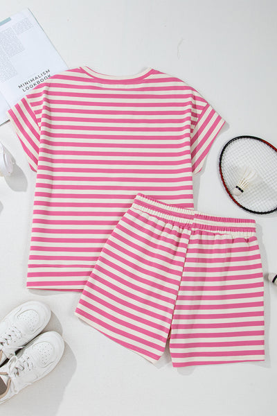 Pink Striped Crew Neck T-Shirt and Drawstring Shorts Set