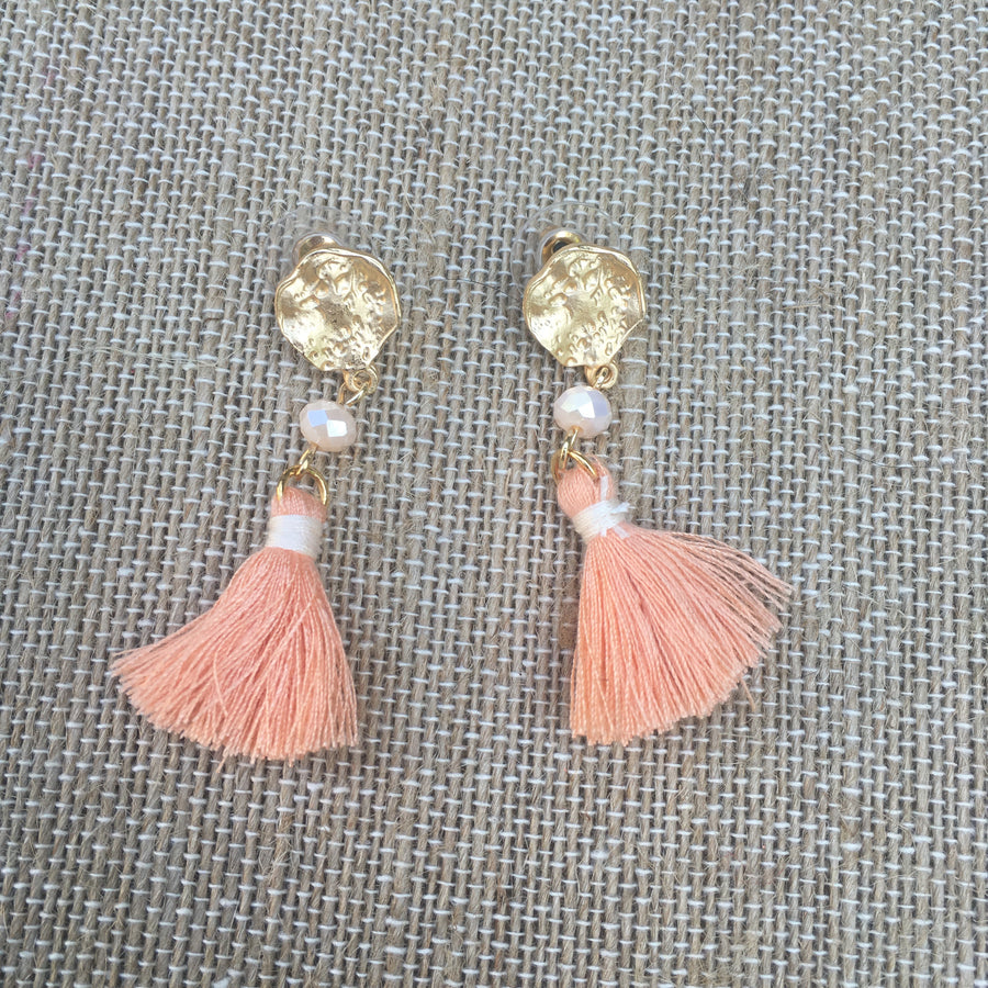 Matte Gold Tone Bead & Tassel Drop Earrings- Peach & Cream