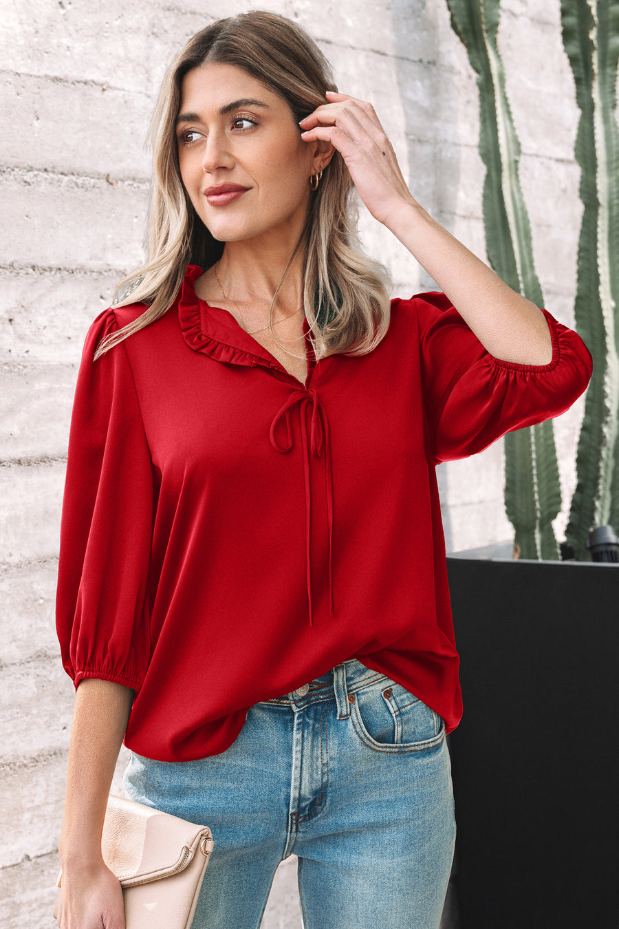 Frilled V-Neck Bow Detail 3/4 Sleeve Blouse- 2 Colors