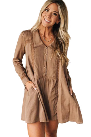 Straw Yellow Lace Trim Peter Pan Collar Long Sleeve Mini Shirt Dress