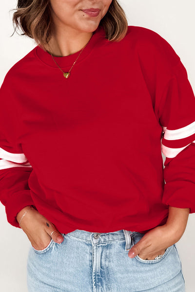 Fiery Red Varsity Striped Detail Plus Size Round Neck Sweatshirt