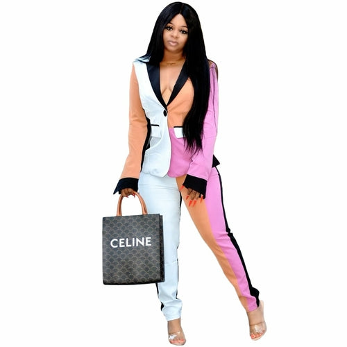 Women's Color Block Blazer & Pants Two-Piece Set- 2 Colors