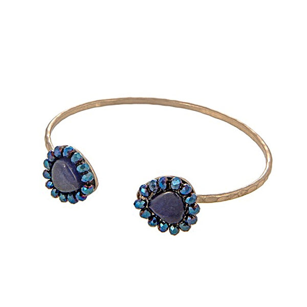 Worn Gold Teardrop Stone & Beads Cuff Bracelet- Blue