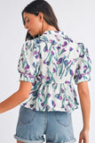 Purple Floral Ricrac Trim Short Puff Sleeve Peplum Blouse