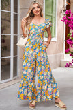 Yellow Floral Print Shirred Cut-Out High-Waist Jumpsuit