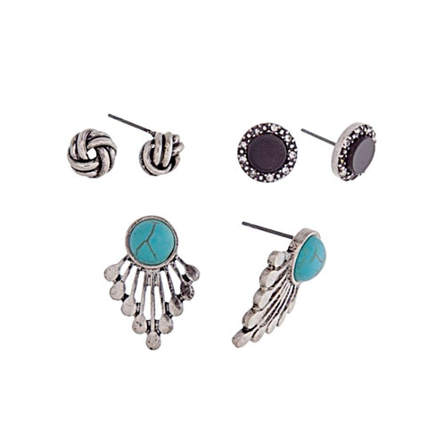 Burnished Silver Tone Earring Trio- Turquoise & Black