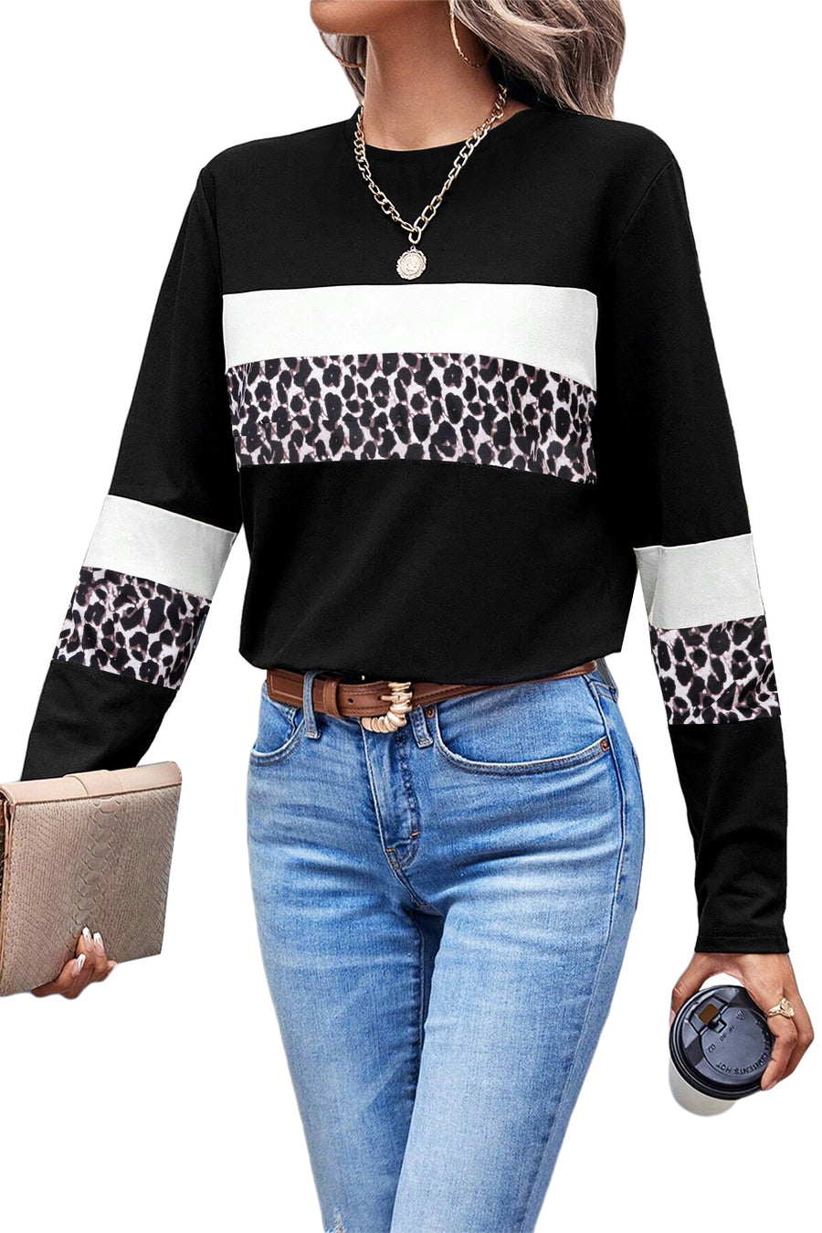 Leopard Print Color Block Patchwork Crew Neck Long Sleeve Top