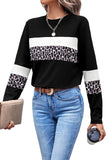 Leopard Print Color Block Patchwork Crew Neck Long Sleeve Top