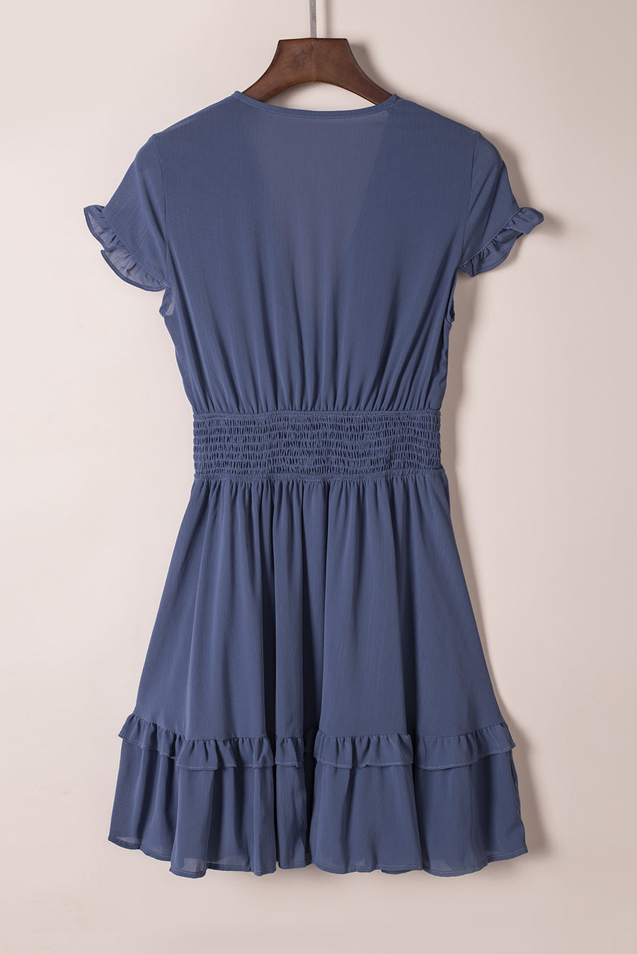 Slate Blue Deep V-Neck Tie Front Bow Layered Flare Mini Dress