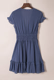 Slate Blue Deep V-Neck Tie Front Bow Layered Flare Mini Dress