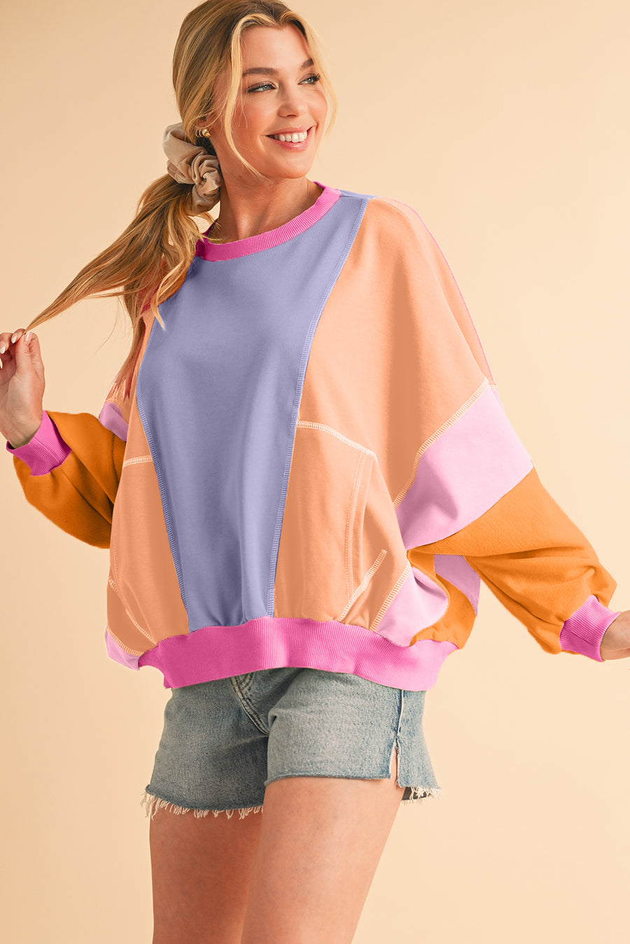 Color Block Patchwork Drop Shoulder Sweatshirt with Pockets- 2 Colors