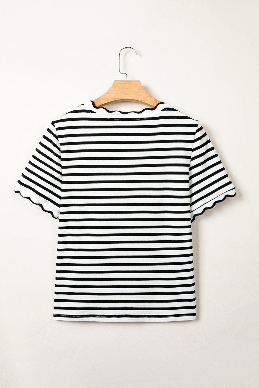Striped Scalloped Trim Crew Neck Short Sleeve T-Shirt- 5 Colors