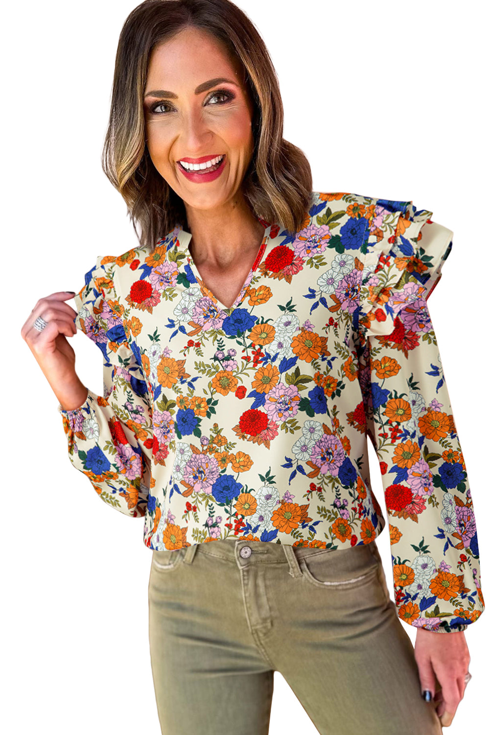 Apricot Ruffled Shoulder Long Sleeve Floral Blouse