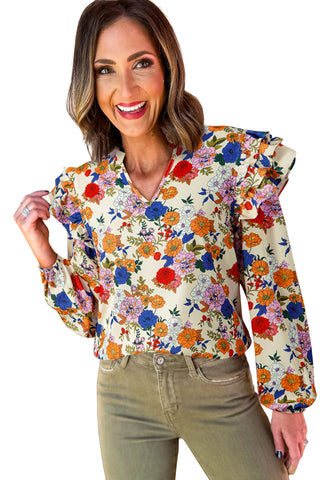 Apricot Ruffled Shoulder Long Sleeve Floral Blouse