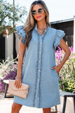 Frill Neck Button-Up Ruffled Short Sleeve Denim Mini Dress- 2 Colors