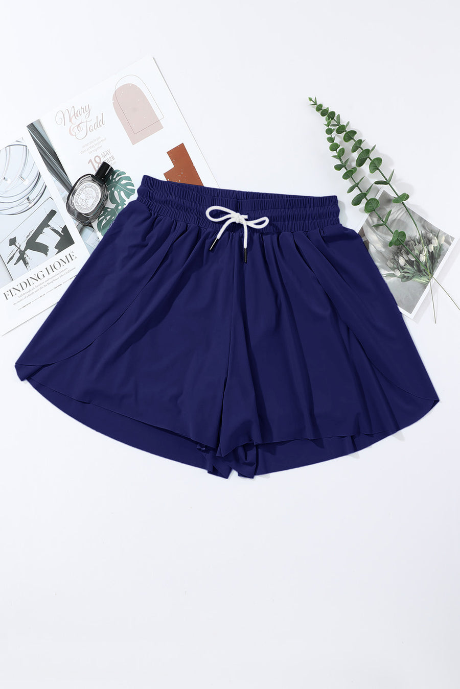 Navy Blue Drawstring Elastic Waist Built-In Brief Swim Shorts