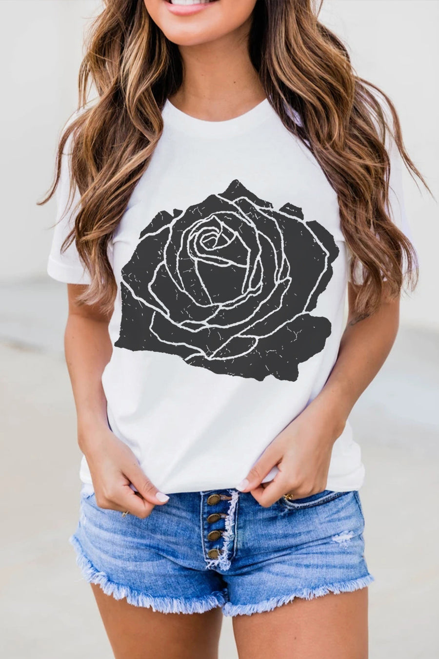White with Black Rose Graphic Crew Neck T-Shirt
