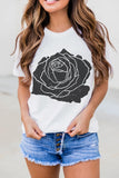 White with Black Rose Graphic Crew Neck T-Shirt