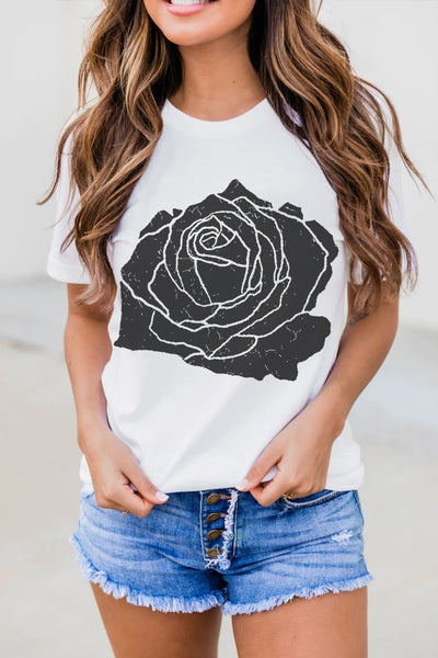 White Large Rose Graphic Crew Neck T Shirt