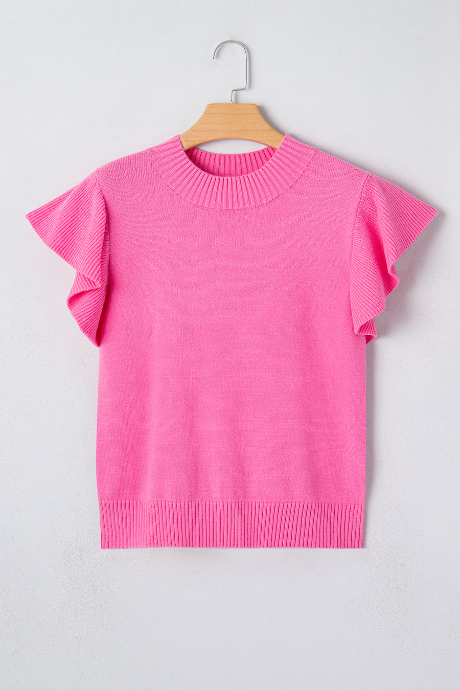 Ribbed Trim Crew Neck Ruffled Short Sleeve Sweater- 3 Colors