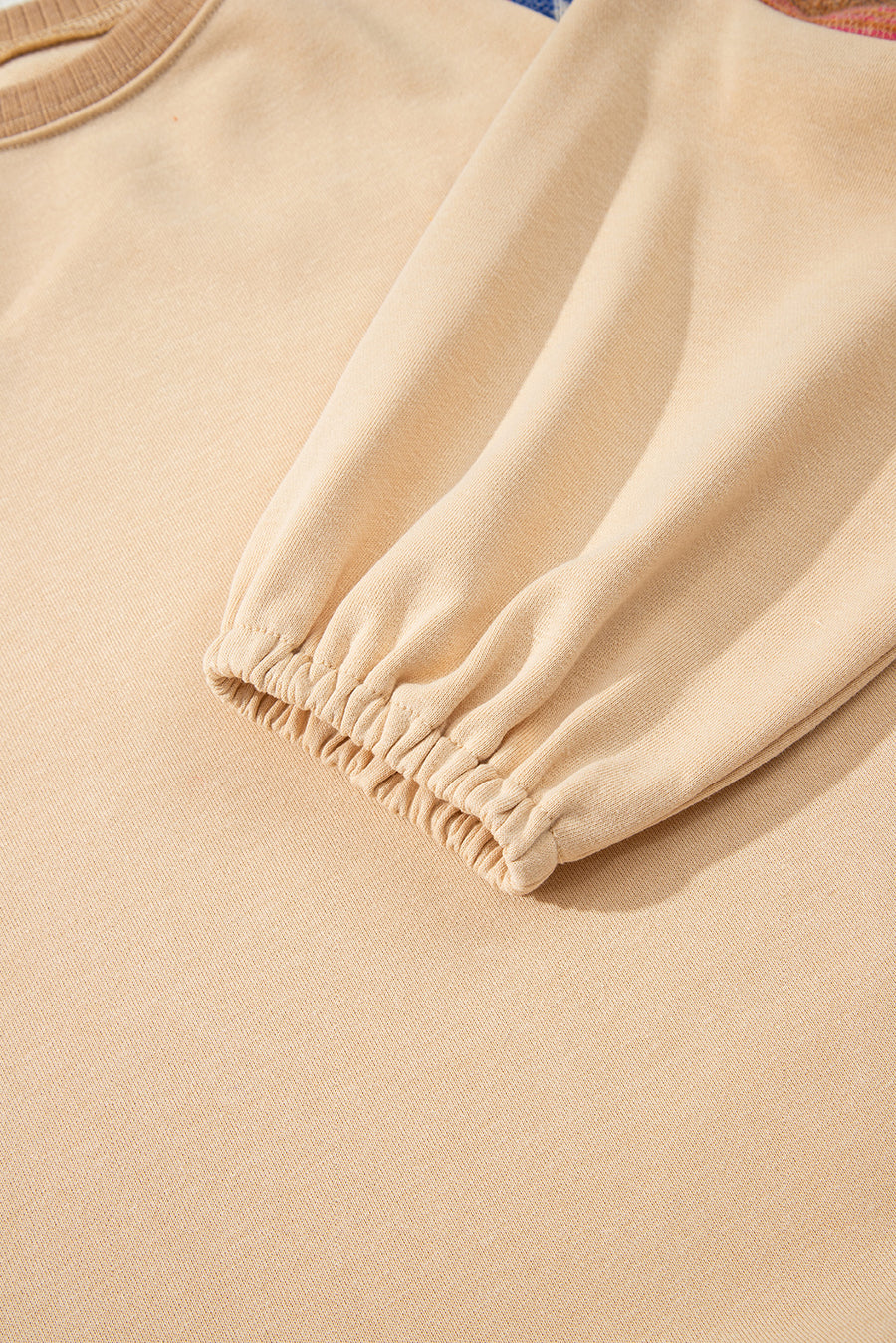Light French Beige Geometric Patchwork Raglan Sleeve Pullover Sweatshirt