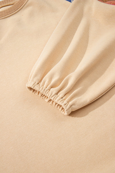 Light French Beige Geometric Patchwork Raglan Sleeve Pullover Sweatshirt