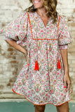 Pink Floral Print Tassel Tie V-Neck Scalloped Detail Loose Mini Dress