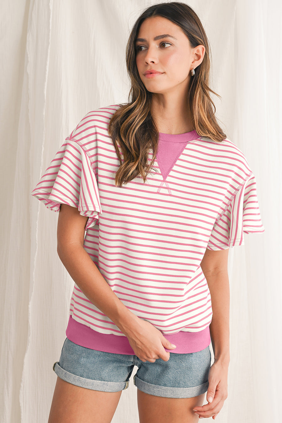 Striped Ruffle Sleeve Crew Neck T-Shirt- 3 Colors