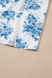 Blue Multi and White Floral Print Smocked Tie Strap Sleeveless Midi Dress